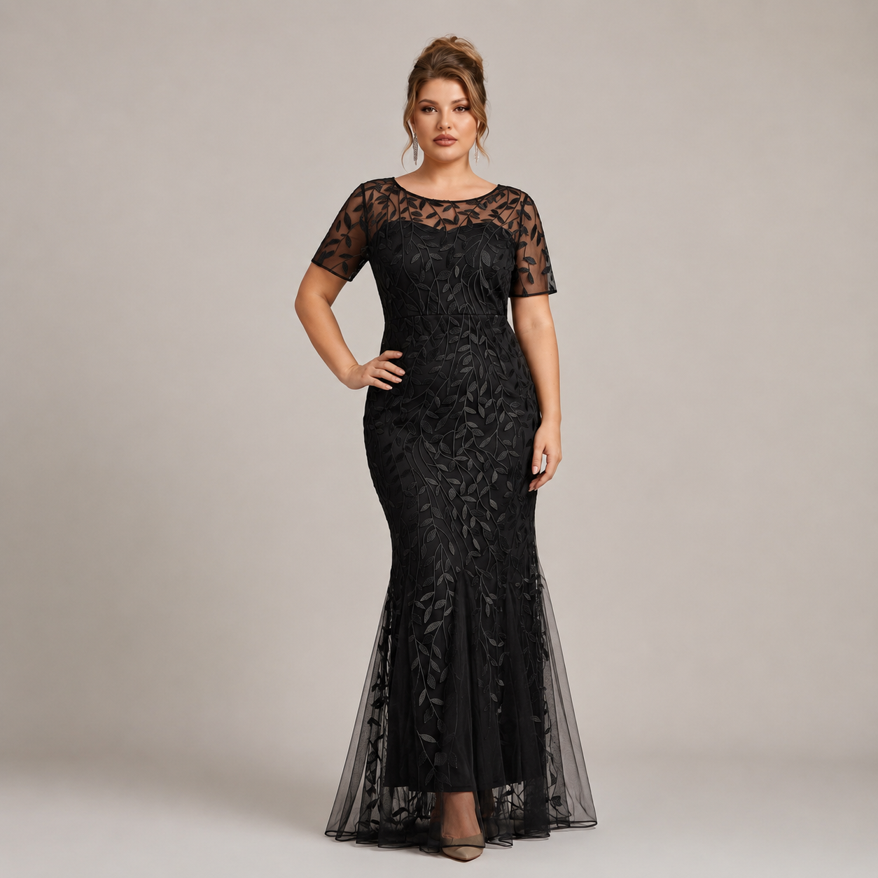 Vestido Verde Olivo Bordado Floral | Corte Sirena | Manga Corta