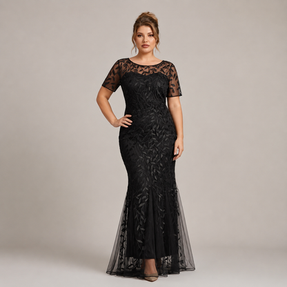 Vestido Verde Olivo Bordado Floral | Corte Sirena | Manga Corta