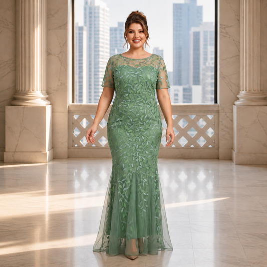 Vestido Verde Olivo Bordado Floral | Corte Sirena | Manga Corta