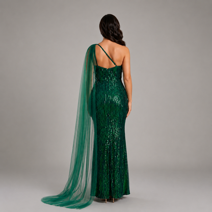 Vestido Asimétrico Verde Esmeralda con Lentejuelas Tornasol | Tallas M a 3XL