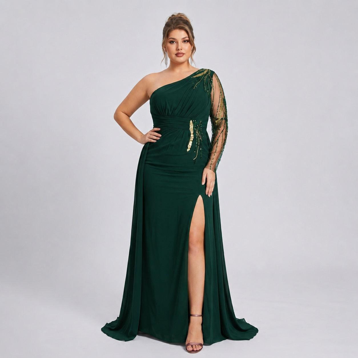 Vestido Asimétrico Tinto Tul Bordado con Sobrefalda