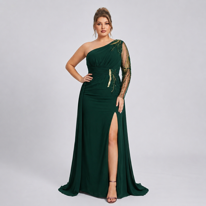 Vestido Asimétrico Tinto Tul Bordado con Sobrefalda