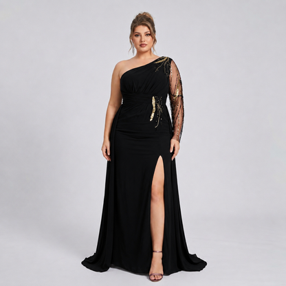 Vestido Asimétrico Tinto Tul Bordado con Sobrefalda