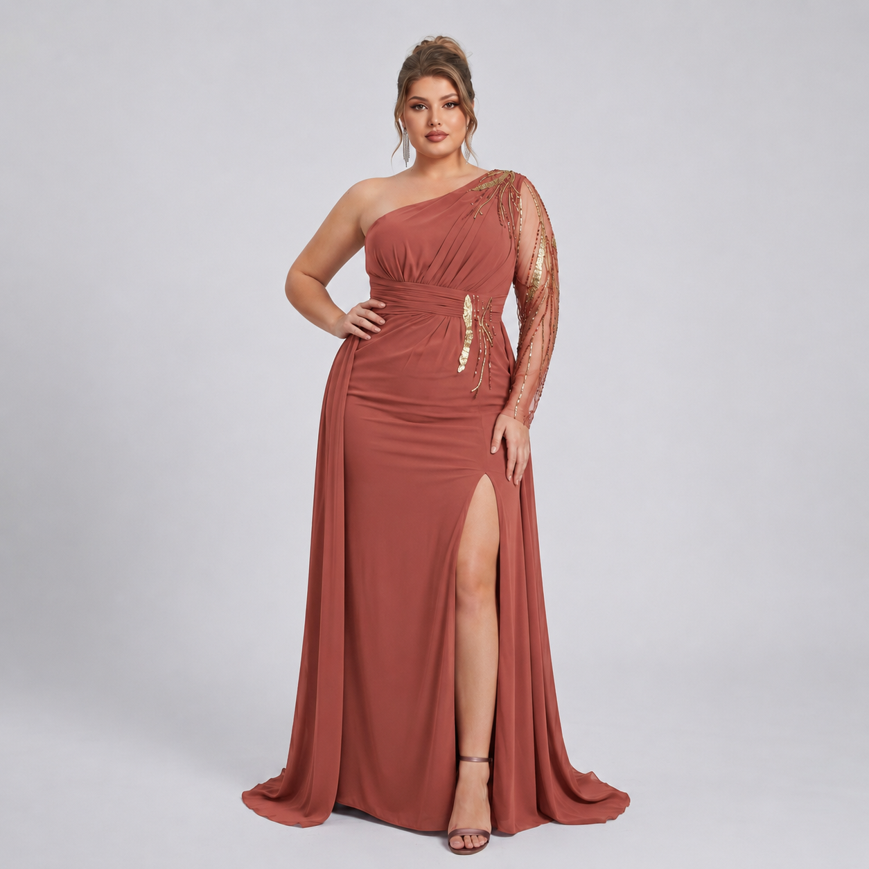 Vestido Asimétrico Tinto Tul Bordado con Sobrefalda