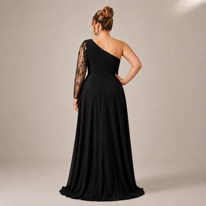 Vestido Asimétrico Tinto Tul Bordado con Sobrefalda