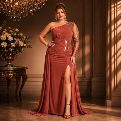 Vestido Asimétrico Tinto Tul Bordado con Sobrefalda