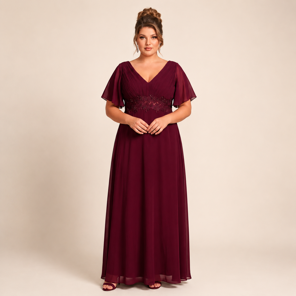 Vestido Azul Marino Chiffon Corte Imperio con Encaje y Perlas | Tallas Extra 1XL-3XL