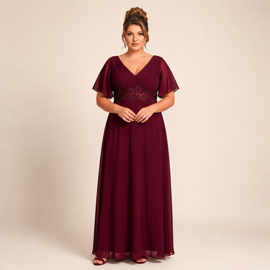 Vestido Azul Marino Chiffon Corte Imperio con Encaje y Perlas | Tallas Extra 1XL-3XL