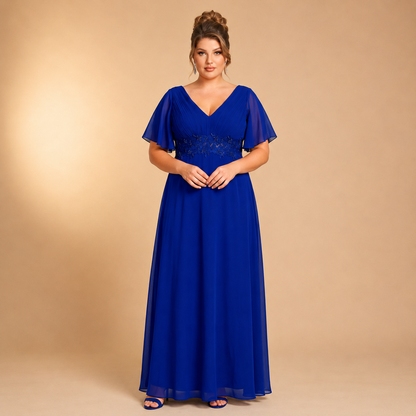 Vestido Azul Marino Chiffon Corte Imperio con Encaje y Perlas | Tallas Extra 1XL-3XL