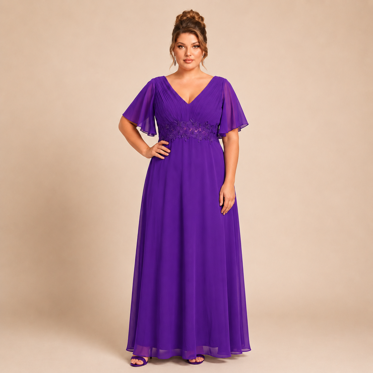 Vestido Azul Marino Chiffon Corte Imperio con Encaje y Perlas | Tallas Extra 1XL-3XL
