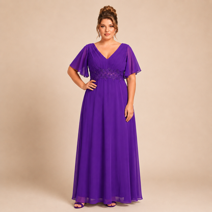 Vestido Azul Marino Chiffon Corte Imperio con Encaje y Perlas | Tallas Extra 1XL-3XL