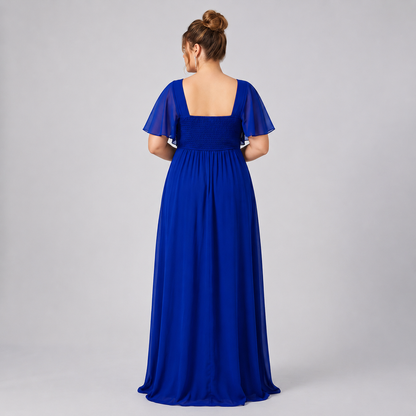 Vestido Azul Marino Chiffon Corte Imperio con Encaje y Perlas | Tallas Extra 1XL-3XL