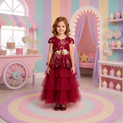 Vestido de Tul con Bordados y Mangas para Niña