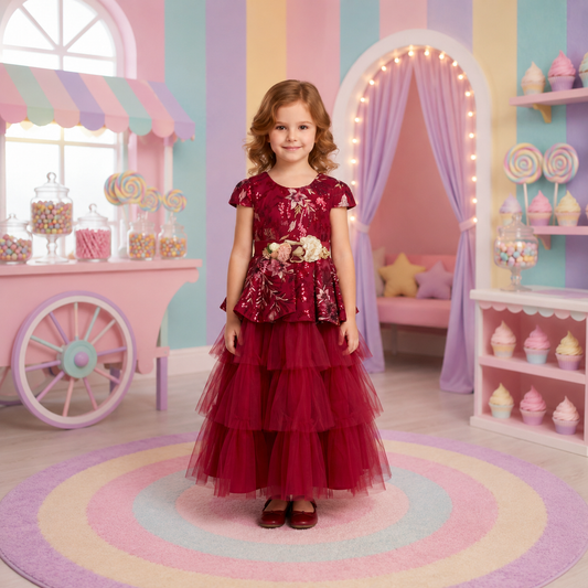 Vestido de Tul con Bordados y Mangas para Niña