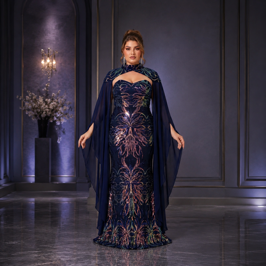Vestido Sirena Lentejuelas Iridiscentes Azul Marino
