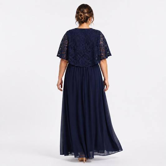 Vestido Tallas Extras Chiffon con Encaje y Aplicación en Cintura | XL 2XL 3XL