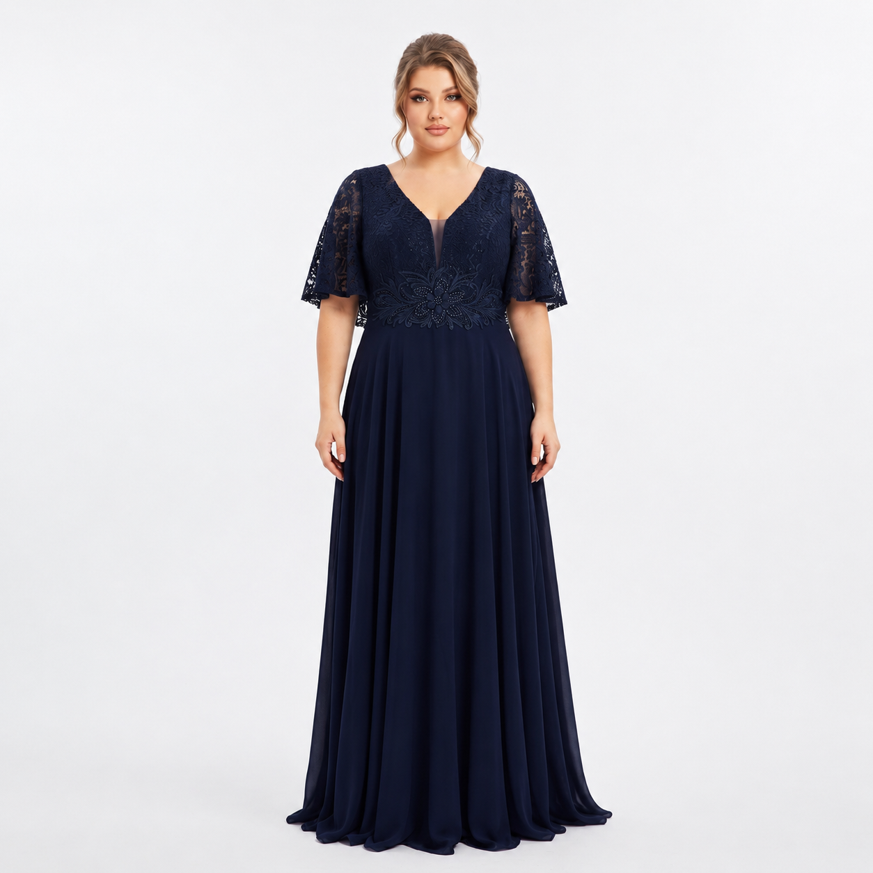 Plus Size Chiffon Dress with Lace and Waist Appliqué | XL 2XL 3XL
