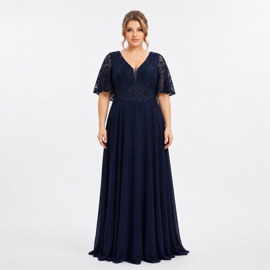 Vestido Tallas Extras Chiffon con Encaje y Aplicación en Cintura | XL 2XL 3XL