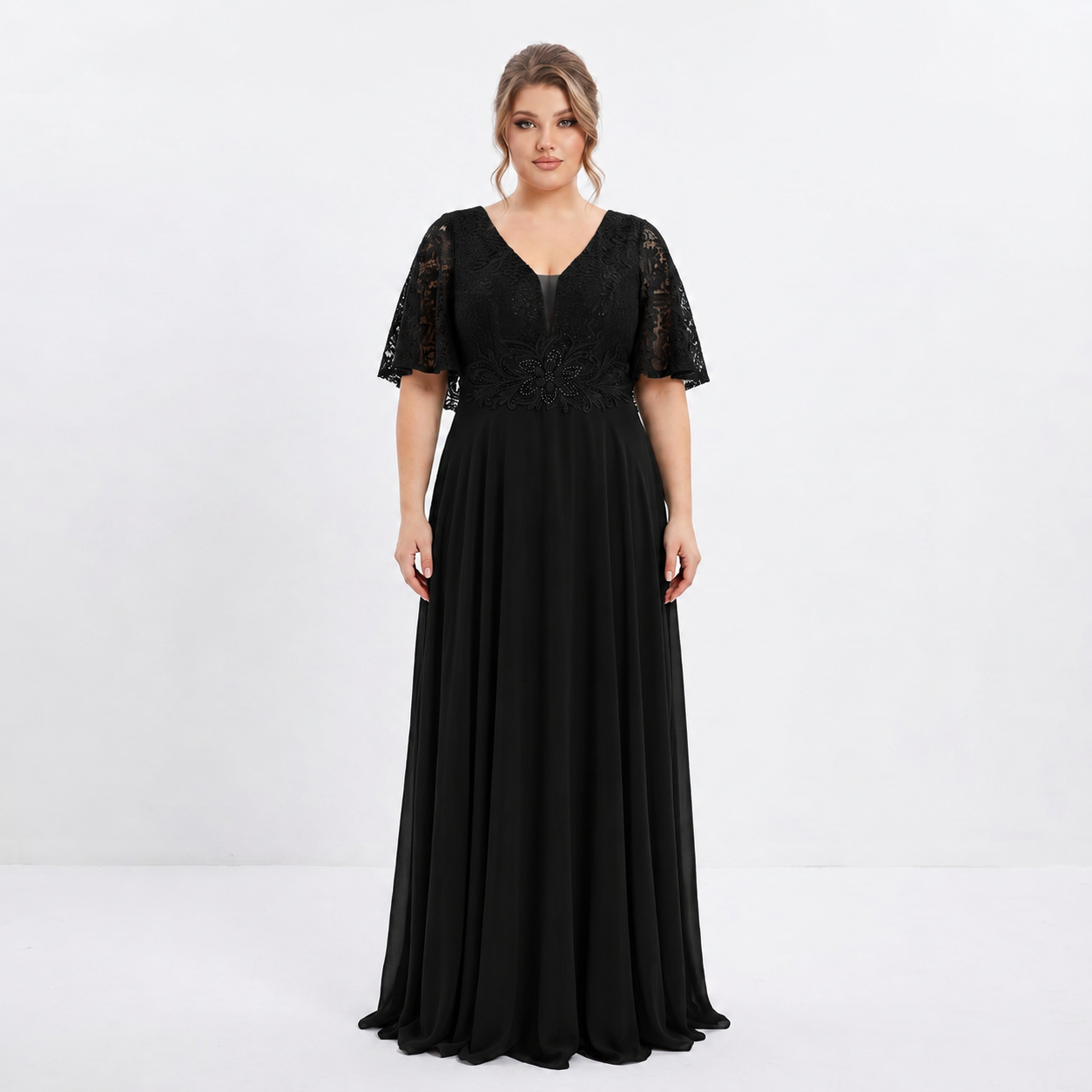 Plus Size Chiffon Dress with Lace and Waist Appliqué | XL 2XL 3XL