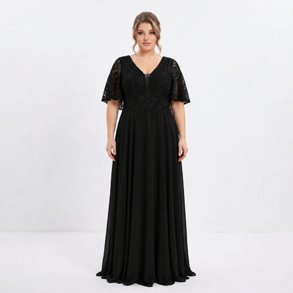 Plus Size Chiffon Dress with Lace and Waist Appliqué | XL 2XL 3XL