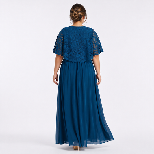 Vestido Tallas Extras Chiffon con Encaje y Aplicación en Cintura | XL 2XL 3XL