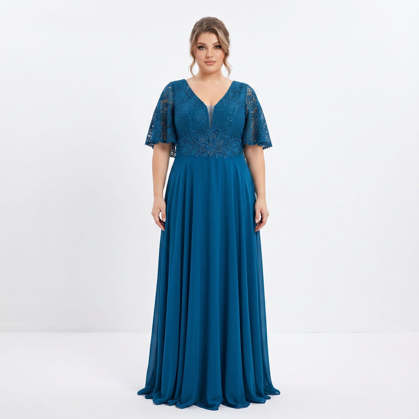 Plus Size Chiffon Dress with Lace and Waist Appliqué | XL 2XL 3XL