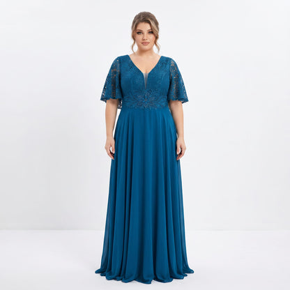 Plus Size Chiffon Dress with Lace and Waist Appliqué | XL 2XL 3XL