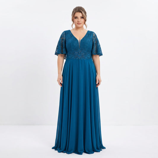 Vestido Tallas Extras Chiffon con Encaje y Aplicación en Cintura | XL 2XL 3XL