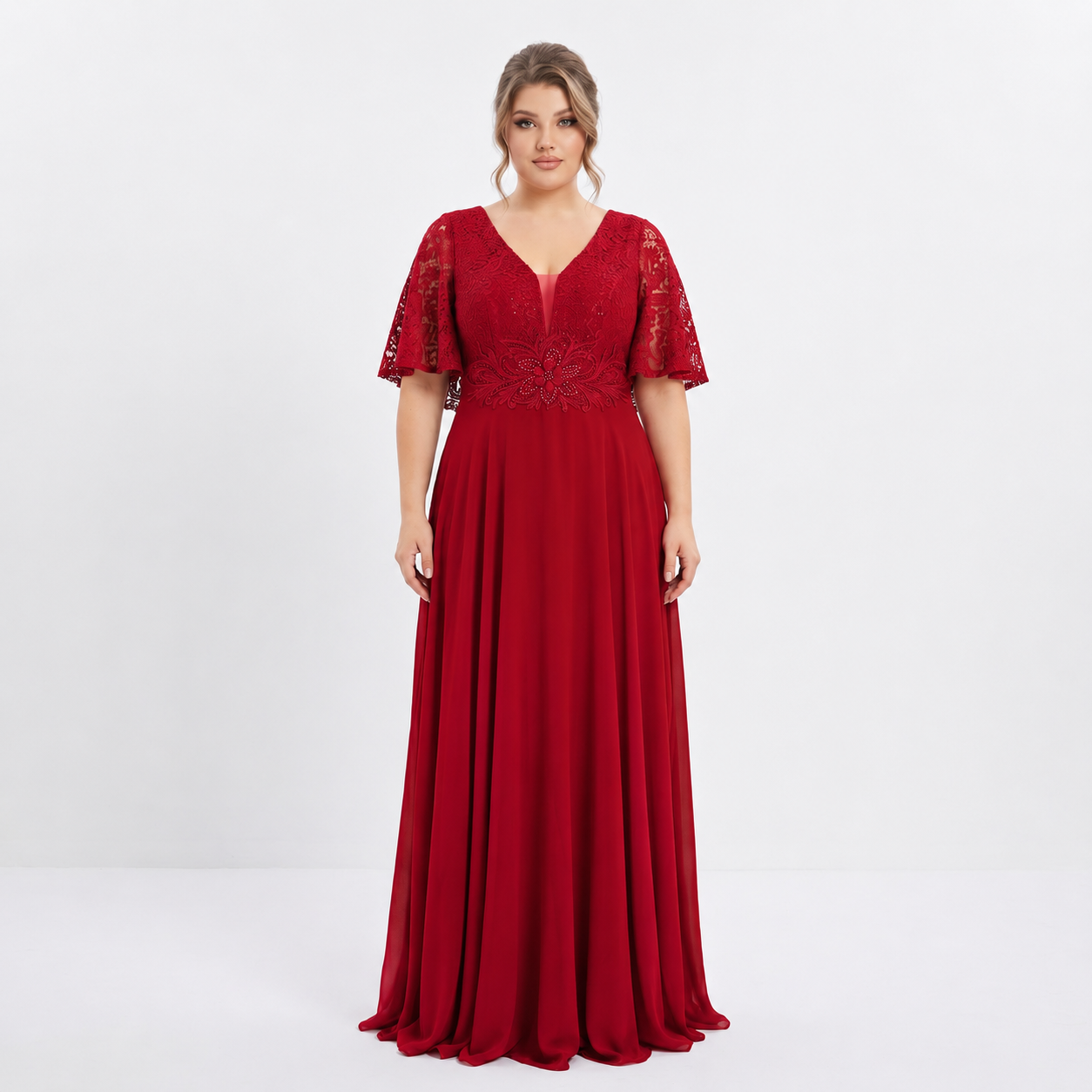 Plus Size Chiffon Dress with Lace and Waist Appliqué | XL 2XL 3XL