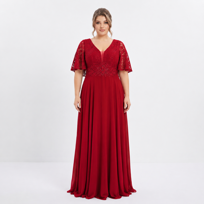 Plus Size Chiffon Dress with Lace and Waist Appliqué | XL 2XL 3XL