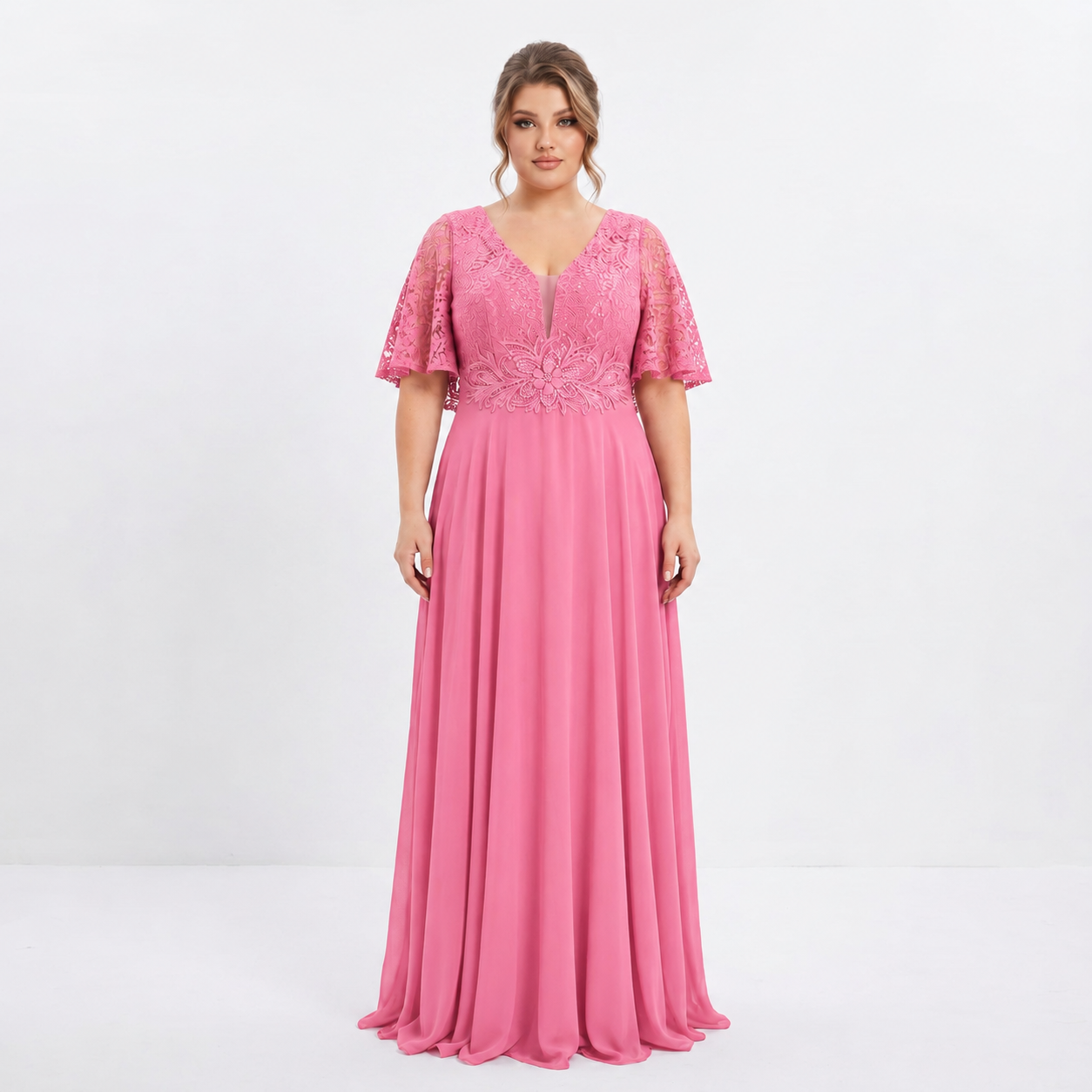 Plus Size Chiffon Dress with Lace and Waist Appliqué | XL 2XL 3XL