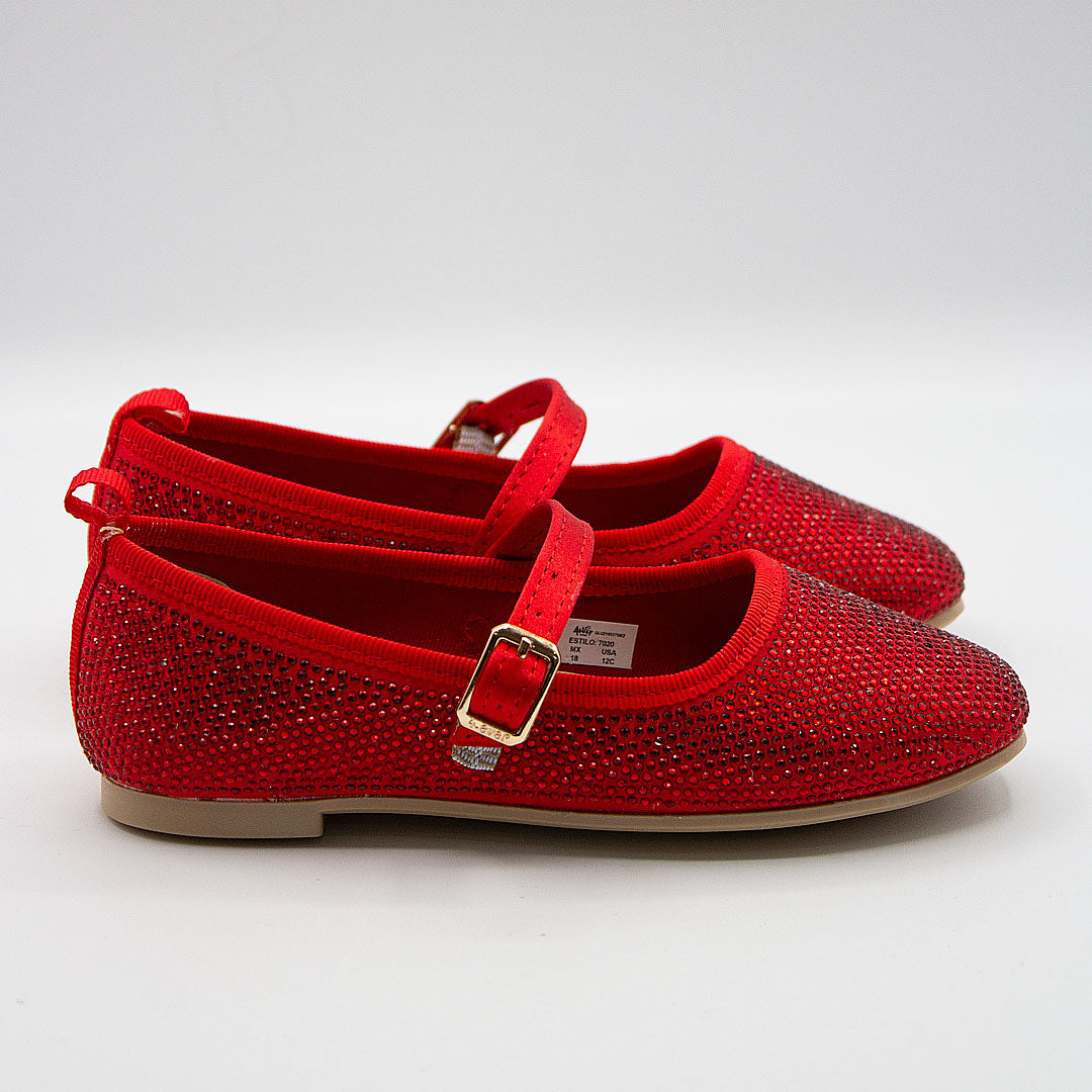 Zapatillas Rojas Punta Cuadrada con Cristales y Correa para Niña Tallas 15-26