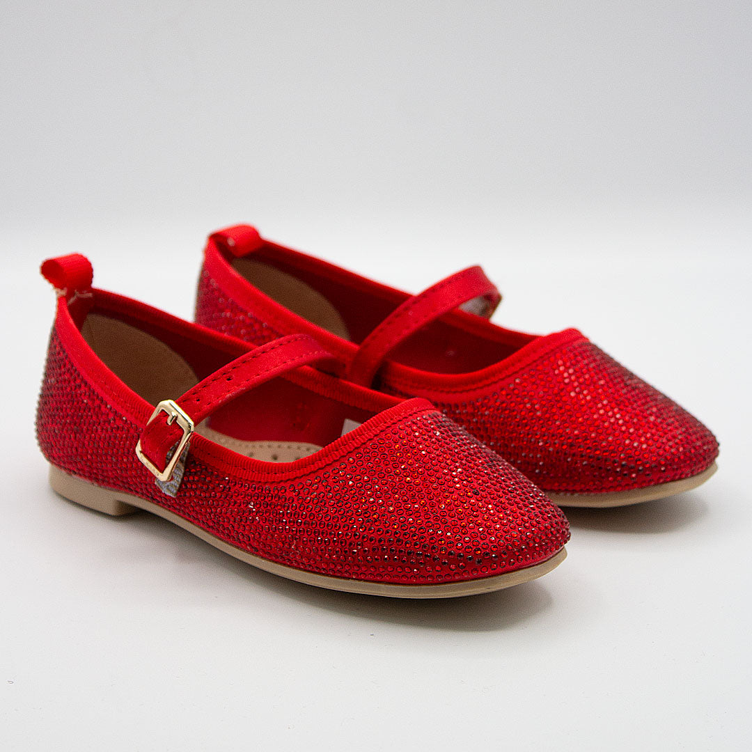 Zapatillas Rojas Punta Cuadrada con Cristales y Correa para Niña Tallas 15-26