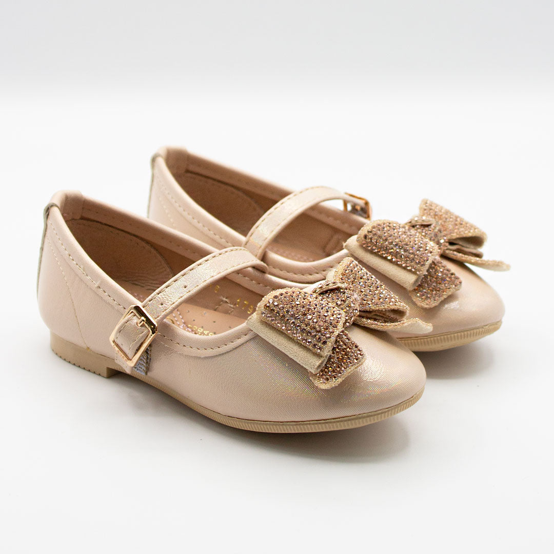 Zapatillas Beige Dorado con Moño y Piedras para Niña Tallas 13-26