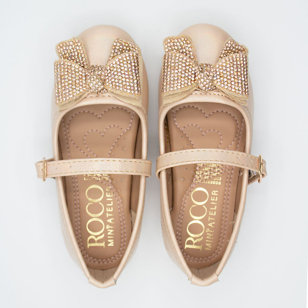 Zapatillas Beige Dorado con Moño y Piedras para Niña Tallas 13-26