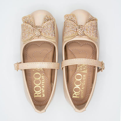 Zapatillas Beige Dorado con Moño y Piedras para Niña Tallas 13-26