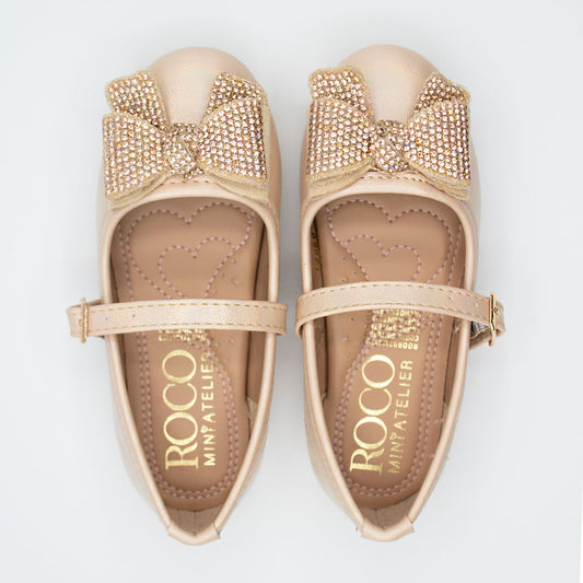 Zapatillas Beige Dorado con Moño y Piedras para Niña Tallas 13-26