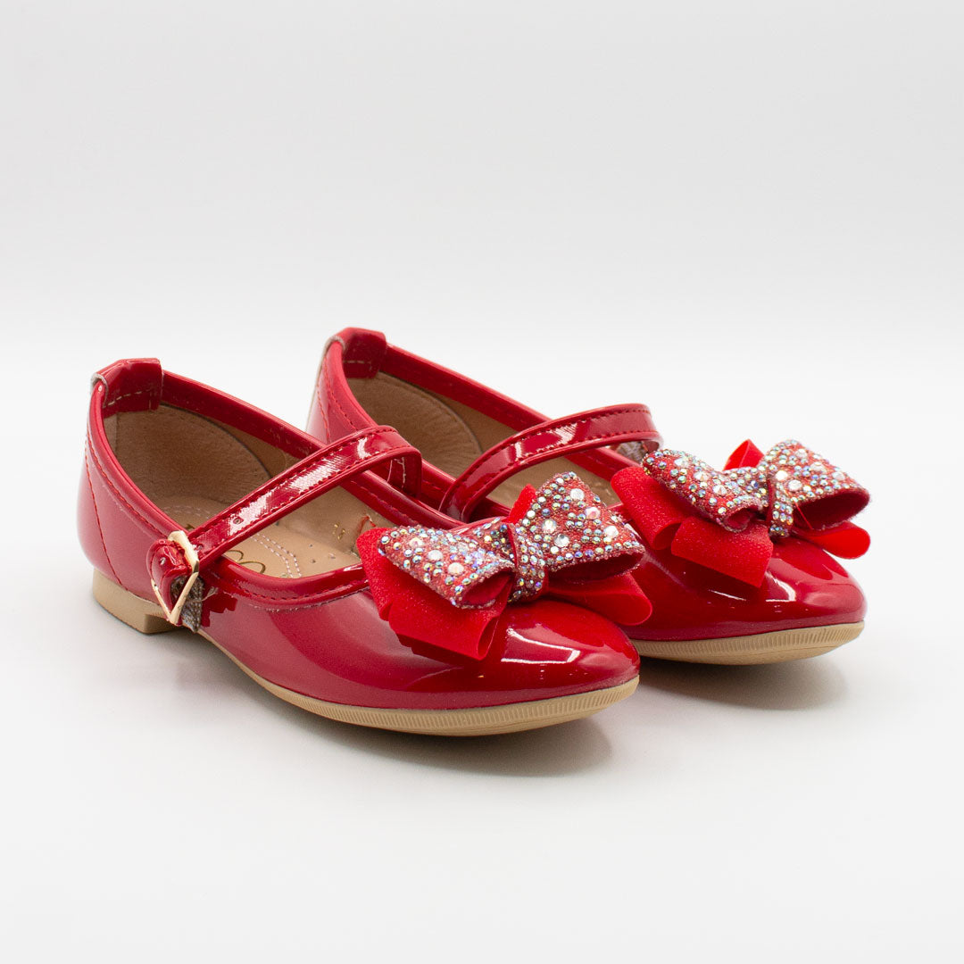 Zapatos de Charol Rojo con Moño de Piedras para Niña | Tallas 13-26