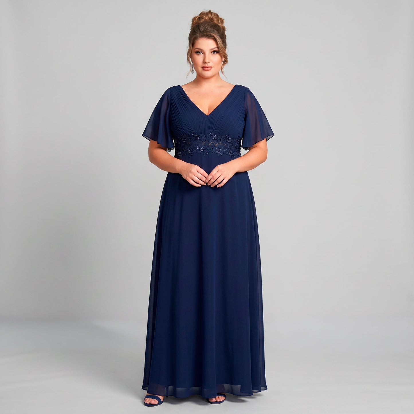 Vestido Azul Marino Chiffon Corte Imperio con Encaje y Perlas | Tallas Extra 1XL-3XL