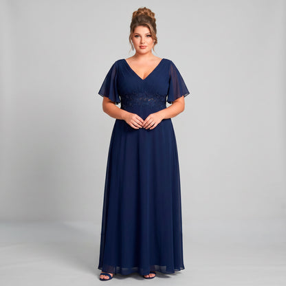 Vestido Azul Marino Chiffon Corte Imperio con Encaje y Perlas | Tallas Extra 1XL-3XL