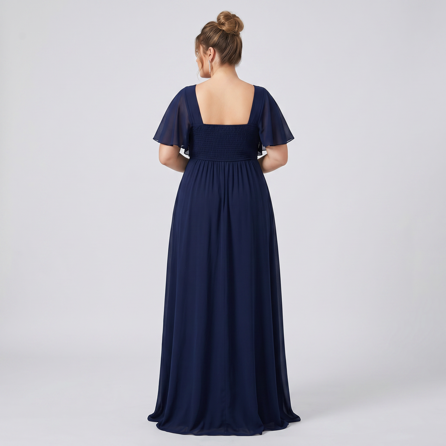 Vestido Azul Marino Chiffon Corte Imperio con Encaje y Perlas | Tallas Extra 1XL-3XL