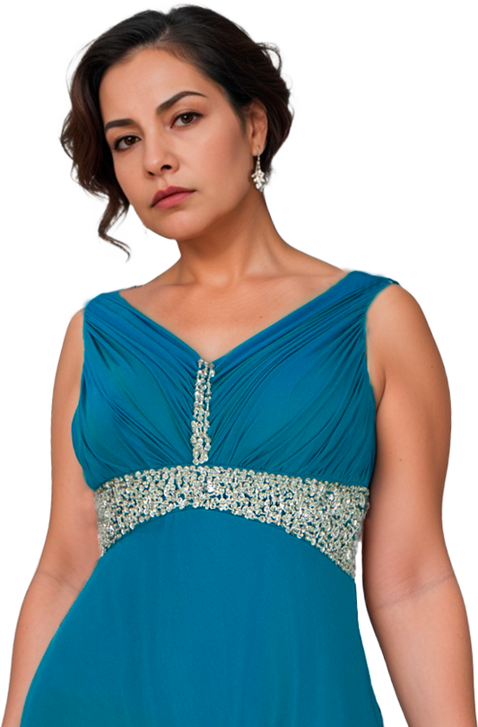 Vestido Turquesa Corte Princesa con Escote en V, Aplicaciones en Cintura y Espalda Cubierta Tallas M-XL