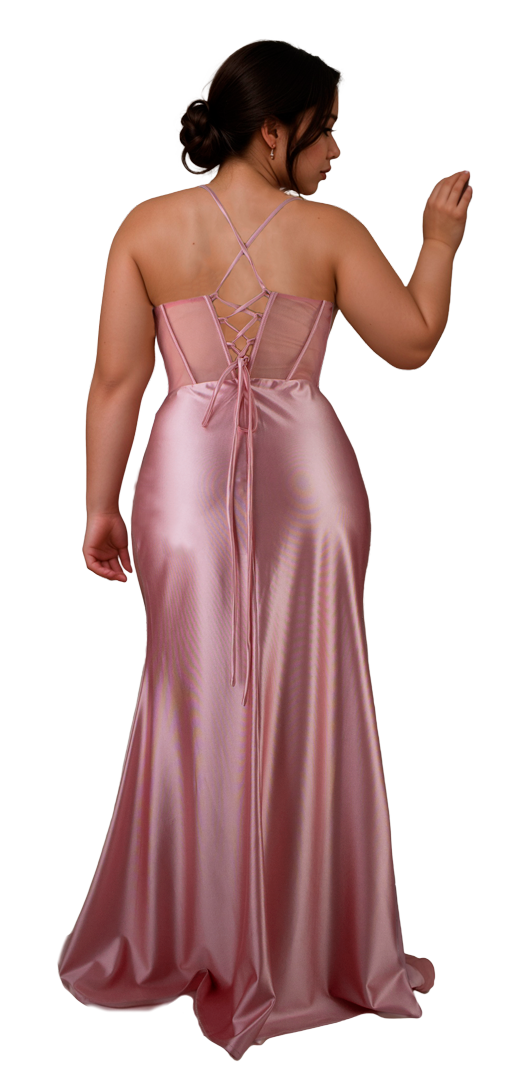 Vestido Sirena Rosa Satinado con Pedrería y Abertura Tallas M-XL