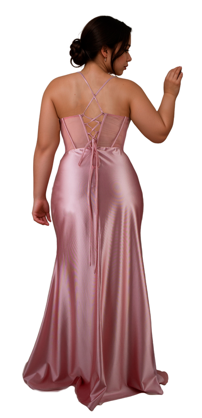 Vestido Sirena Rosa Satinado con Pedrería y Abertura Tallas M-XL