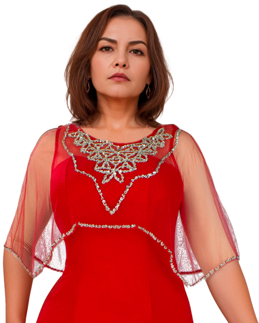 Vestido Rojo Entallado con Capa de Tul y Aplicaciones Bordadas Tallas M-XL