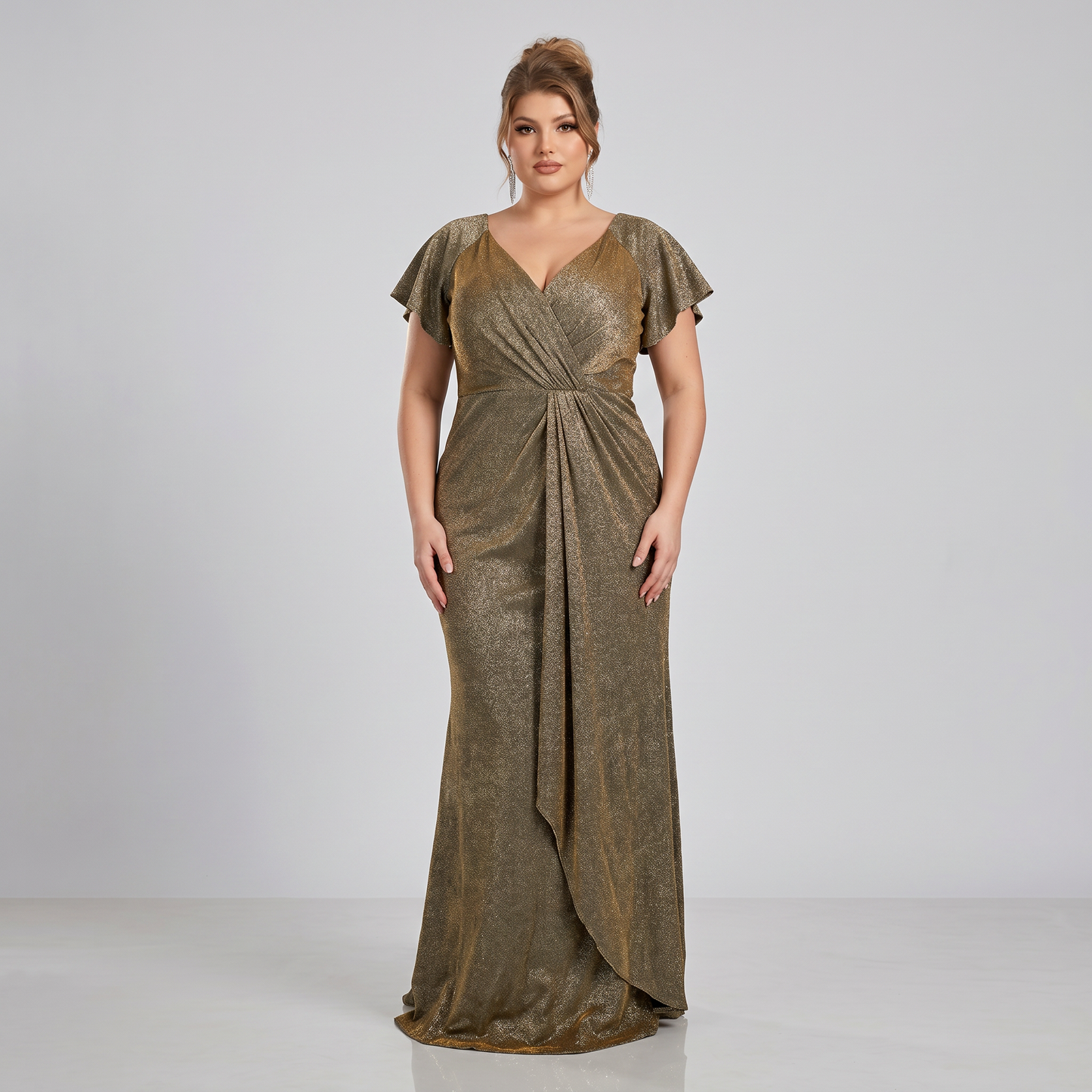 Vestido Tornasol Dorado – Escote en V, Tallas Extras (L–3XL)