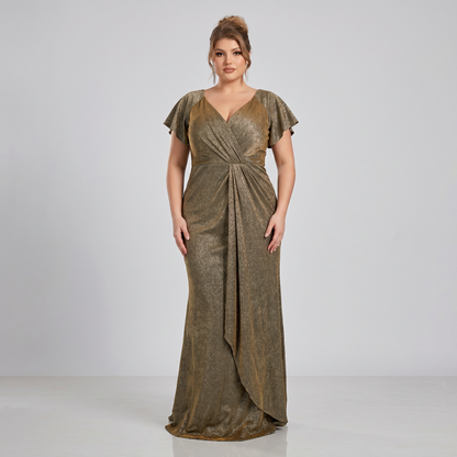 Vestido Tornasol Dorado – Escote en V, Tallas Extras (L–3XL)
