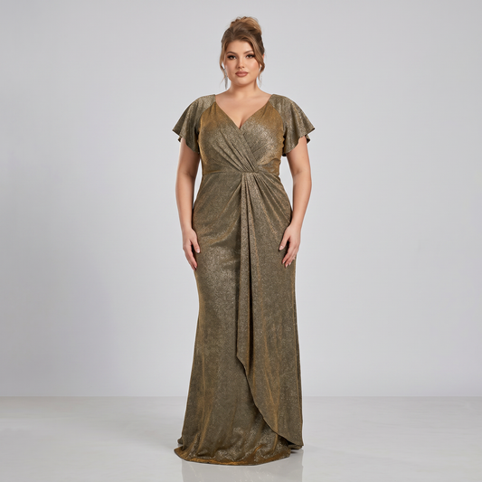 Vestido Tornasol Dorado – Escote en V, Tallas Extras (L–3XL)