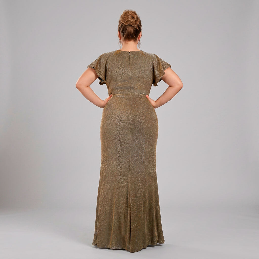 Vestido Tornasol Dorado – Escote en V, Tallas Extras (L–3XL)