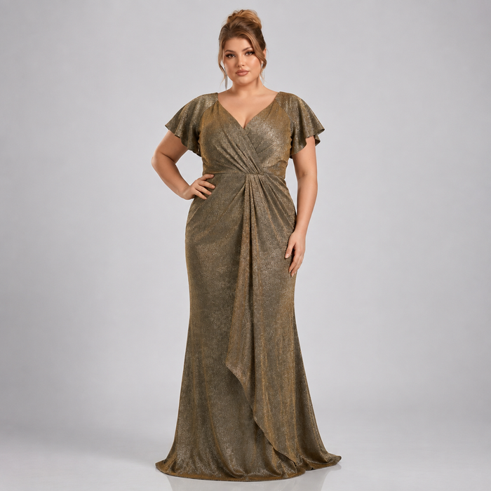 Vestido largo de gala talla extra con escote V cruzado y drapeado